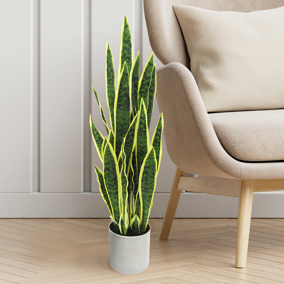 36" Green Yellow Artificial Sansevieria Snake Plant, Gray Pot