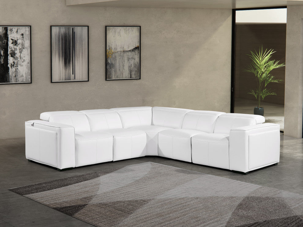Niccolo Italian Leather 5-Piece L-Shaped Power Reclining Sectional, White
