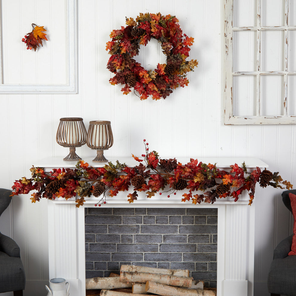 W1236 6 Autumn Maple Leaves, Berry and Pinecones Fall Artificial Garland