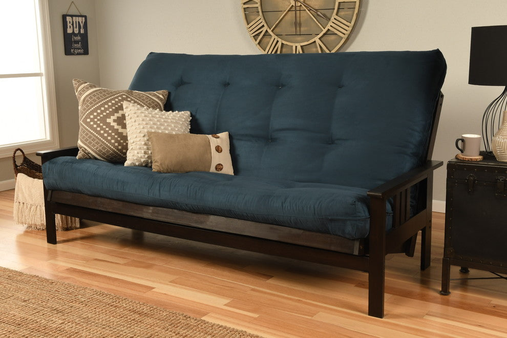 Caleb Frame Queen Futon With Espresso Finish, Espresso, Suede Blue