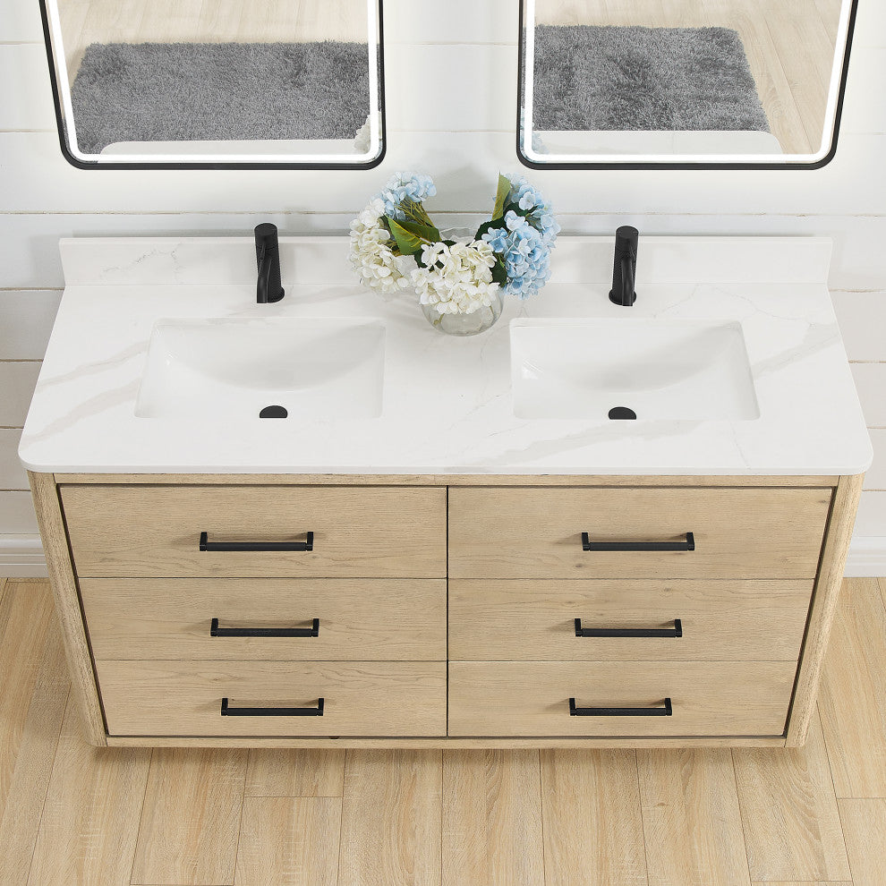 Porto Bath Vanity with White Quartz Stone Top, Natural Oak, 60 in., No Mirror