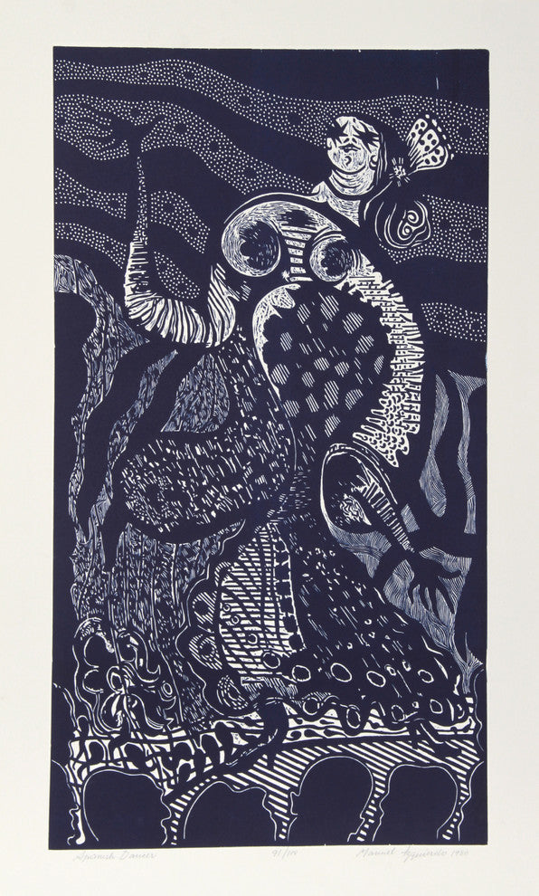 Manuel Izqueirdo "Spanish Dancer, Blue" Woodcut