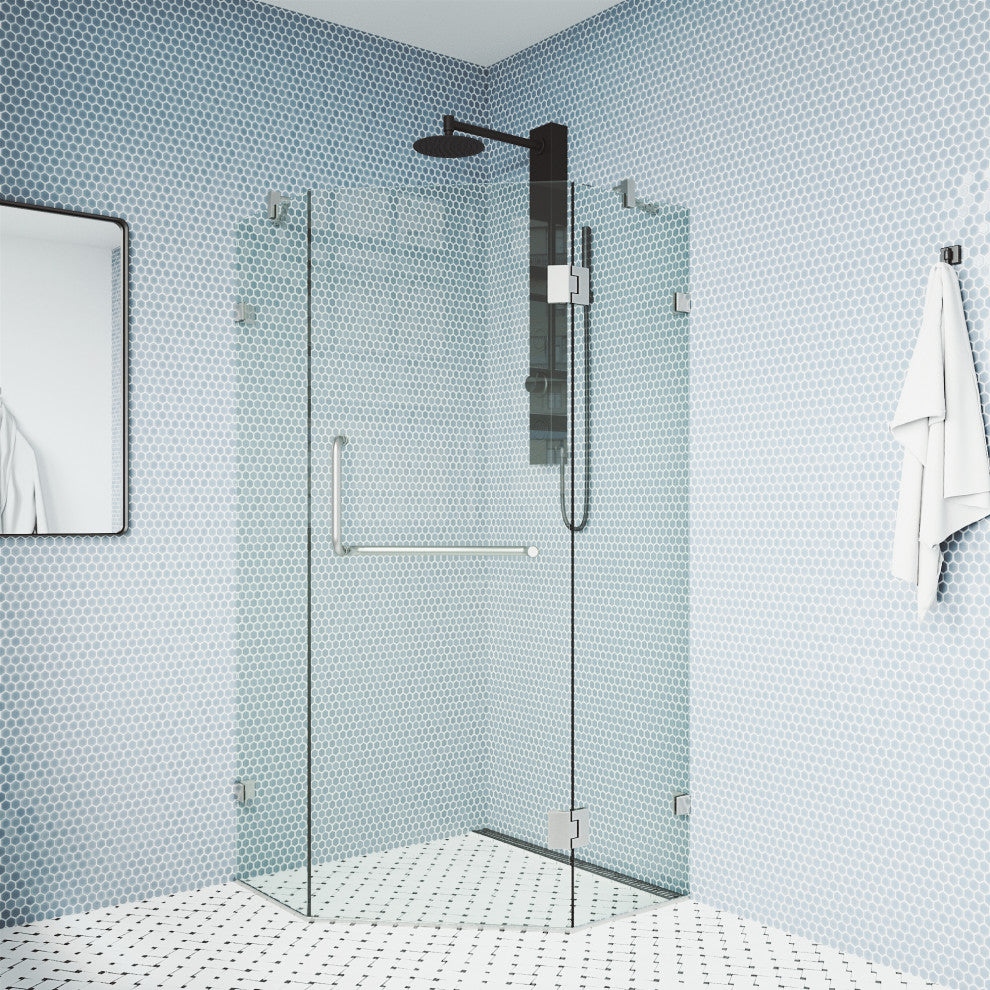 VIGO Piedmont Frameless Hinged Neo-Angle Shower Enclosure, Brushed Nickel, 40" D X 40" W, Without Base
