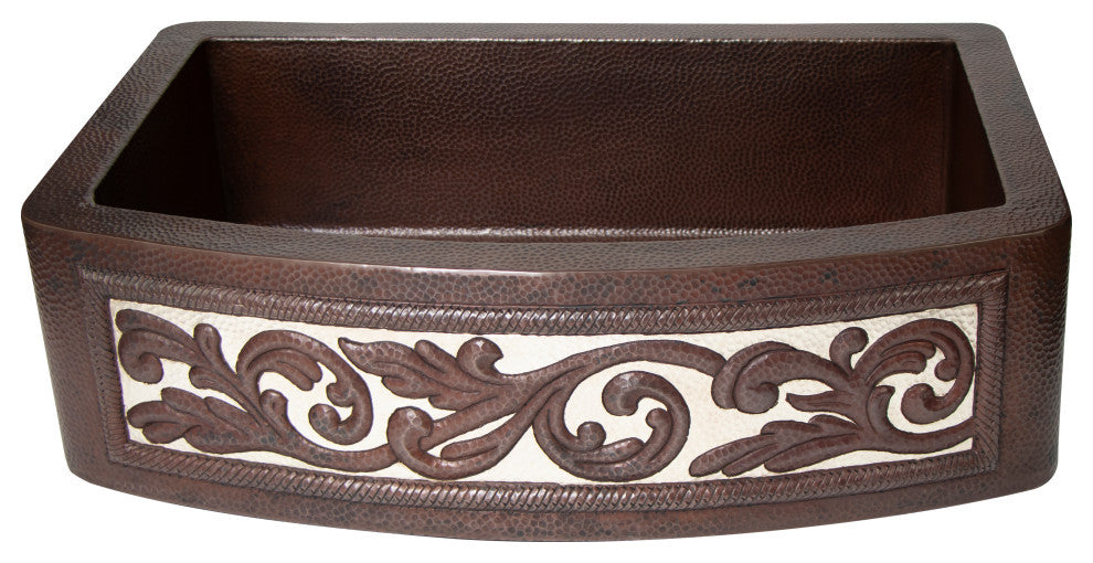 33" Farmhouse One Bowl Silver Round Apron Hammered Copper Kitchen Sink, 16 Gauge