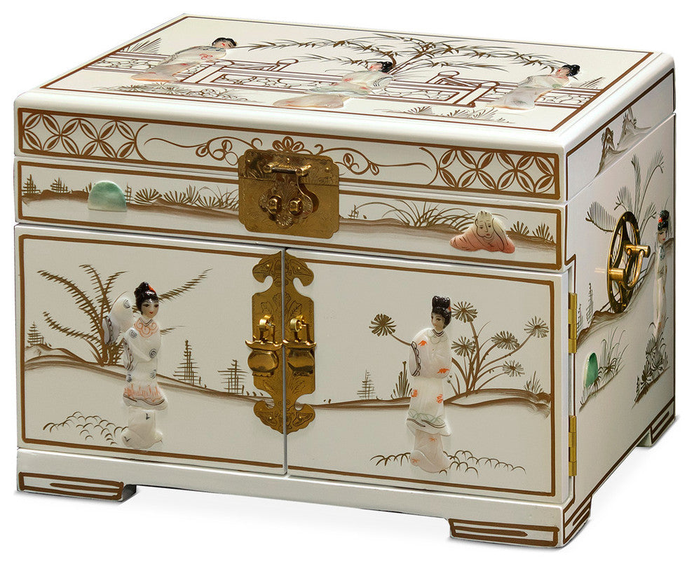 Jewelry Box With Mother of Pearl Maidens on Black Lacquer, White