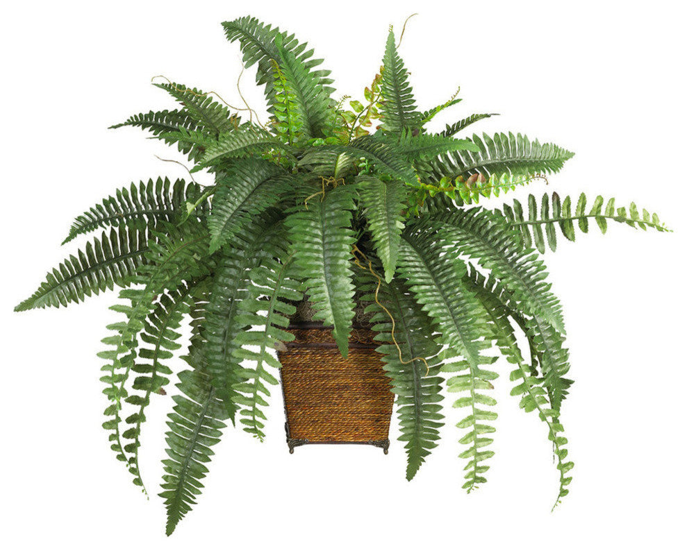 Boston Fern With Wood Wicker Basket Silk Plant