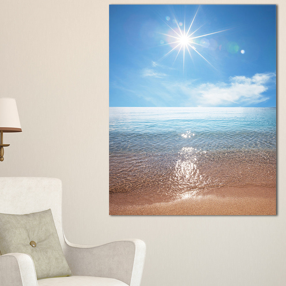 "Serene Seascape With Bright Sun" Modern Beach Canvas Art Print, 16"x32"