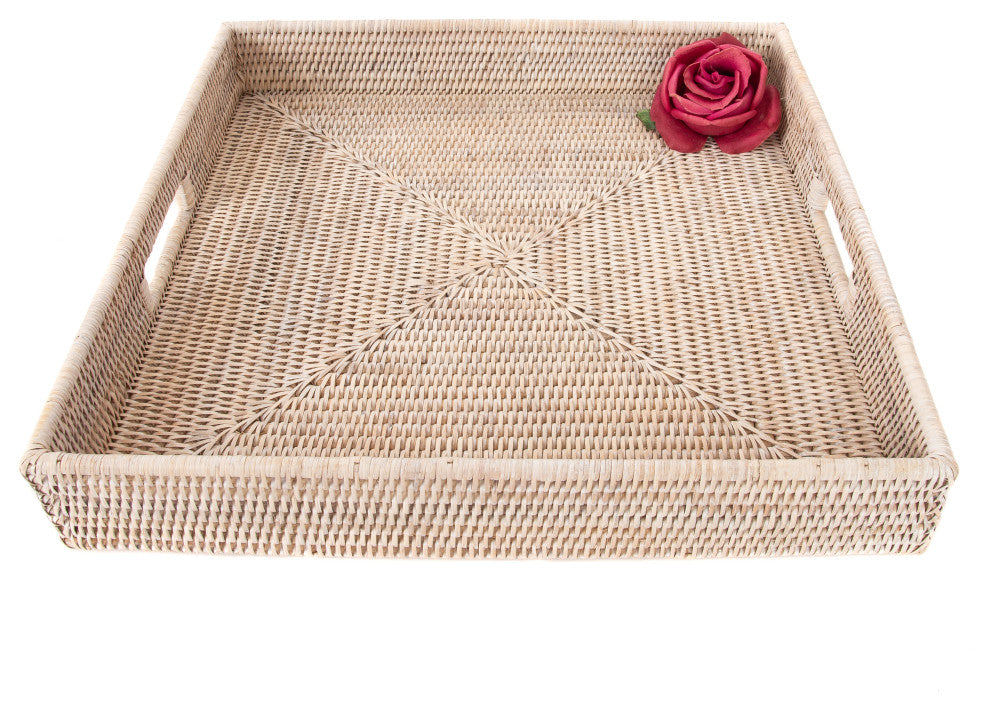Artifacts Rattan™ Square Ottoman Tray with Cutout Handles, White Wash, 16"x16