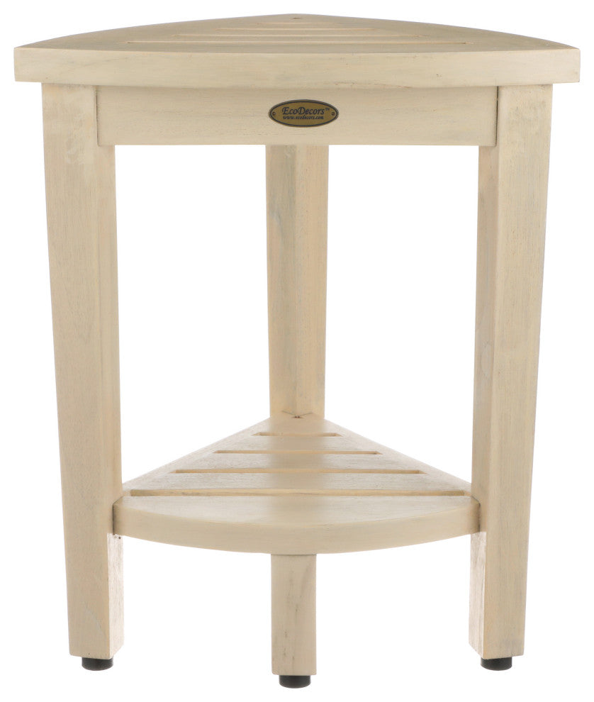 CoastalVogue Oasis 15" Teak Corner Shower Bench with Shelf in White Driftwood