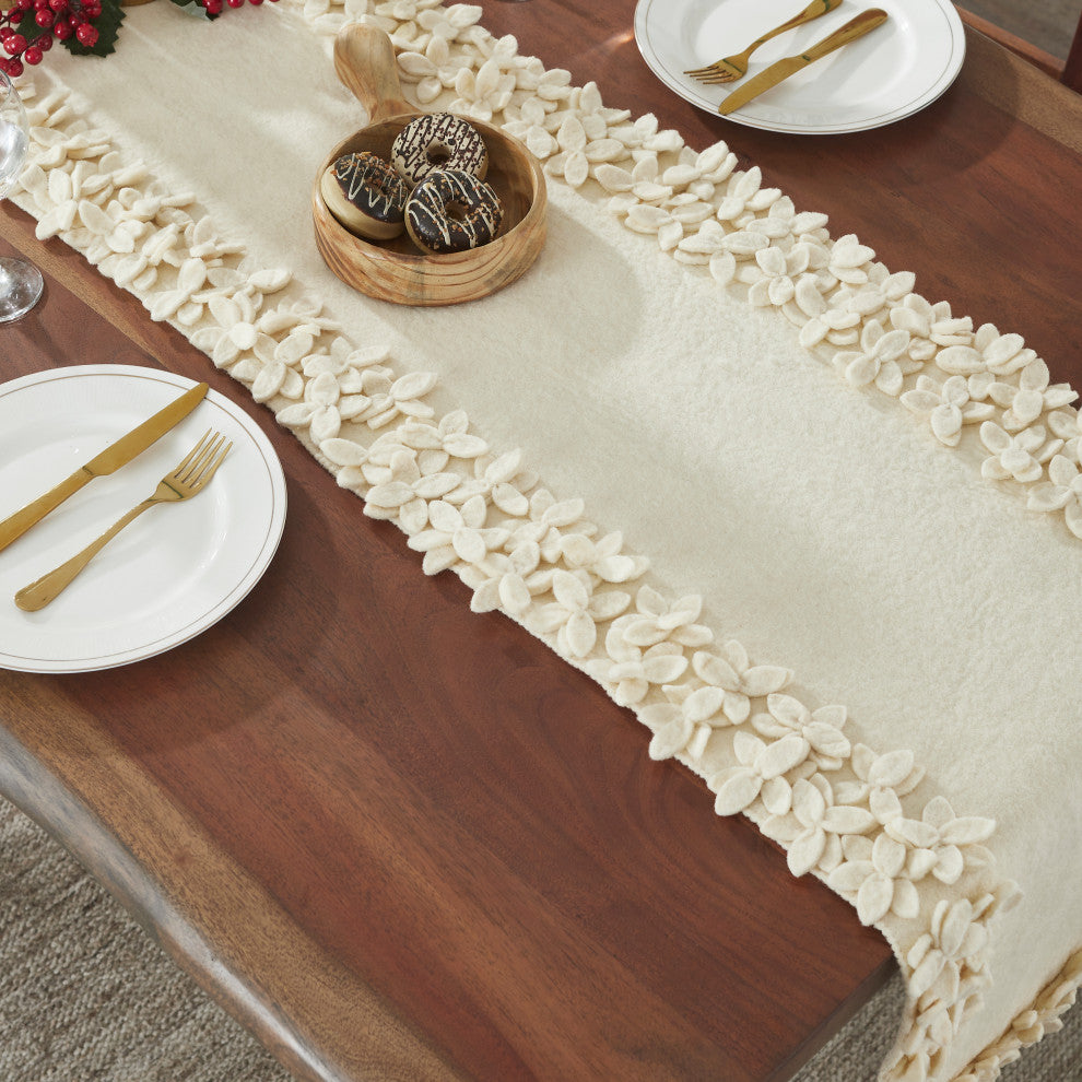 Hand Felted Wool Floral Border Table Runner in Cream, 16x90"