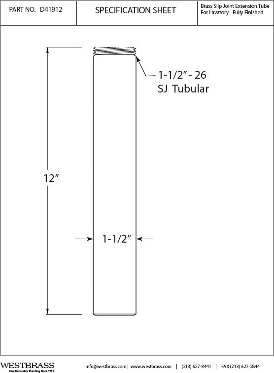 1.5" Od X 12" Threaded Tailpiece In Polished Brass