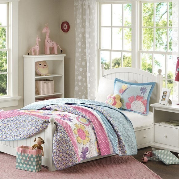 Mi Zone Kids Crazy Daisy Floral Coverlet Set, Blue Pink, Antimicrobial