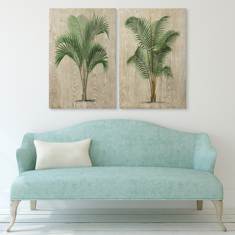 Coastal Palm Fine Giclee Printed on Hand Finished Ash Wood Wall Art, Diptych Set