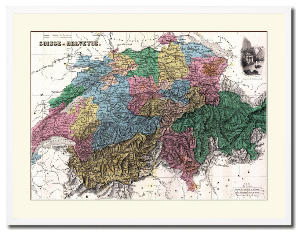 Switzerland Vintage Old Map Print On Canvas With Picture Frame 28" X 37"