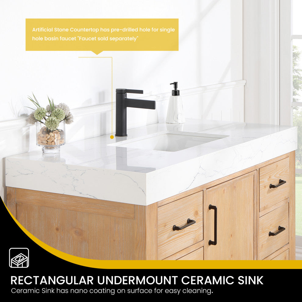 Leon Bath Vanity With Composite Stone Top, Fir Wood Brown, 48", With Mirror