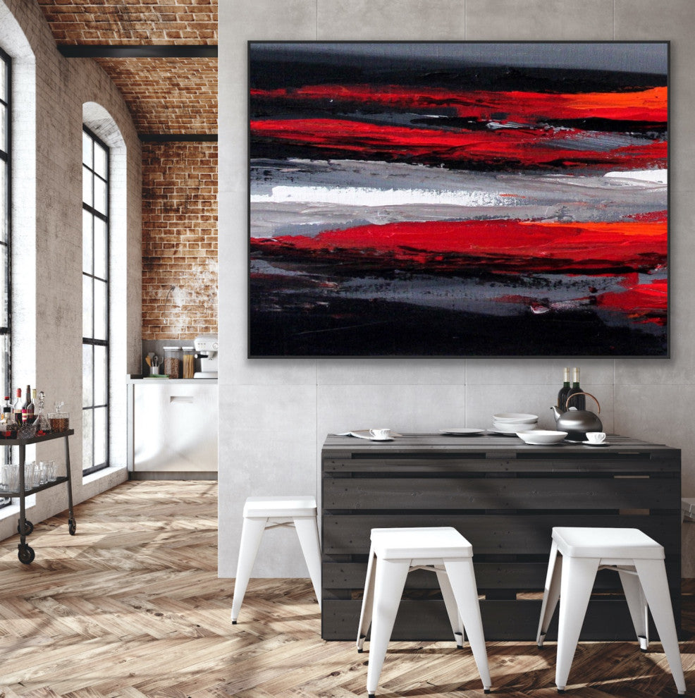 "Track" 60x48 IN Black and White Red Gray Abstract Art Large Modern Painting