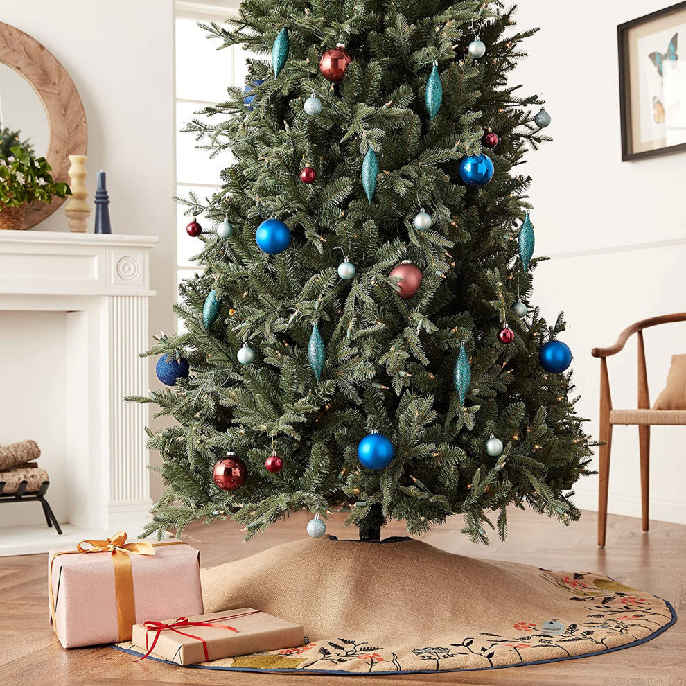 Handmade Christmas Tree Skirt in Jute, Embroidered Forest Scene, 60"