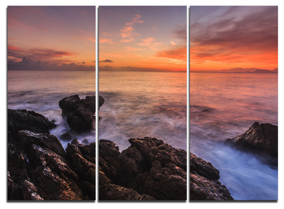 "Sunrise Over the Coast of Sicily" Beach Metal Wall Art, 3 Panels, 36"x28"