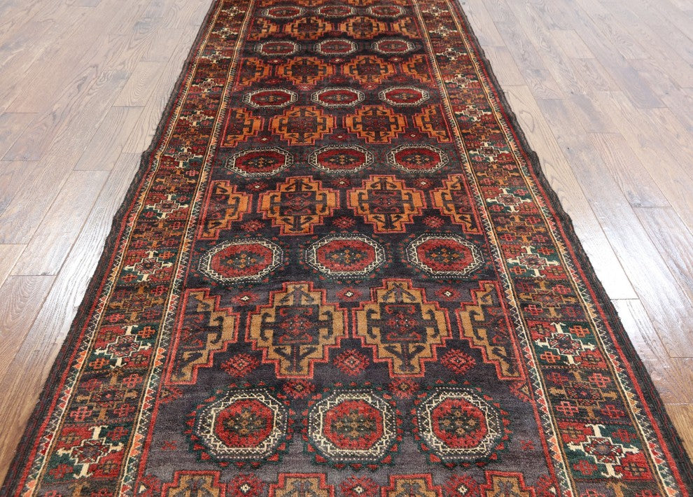Oriental Wool on Wool 4'x10 Persian Balouch Handmade Area Rug, W2361