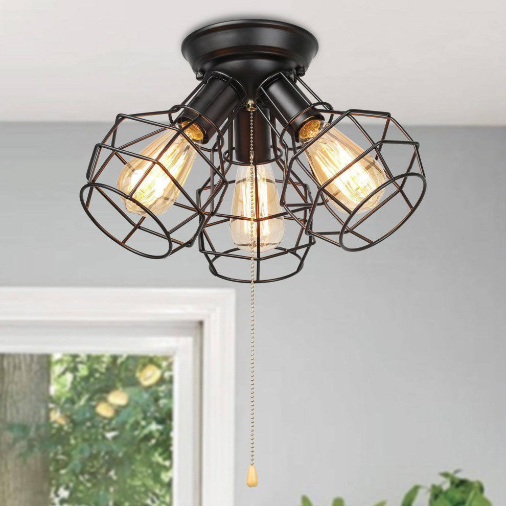 LNC 3-Light Industrial Pull-String Ceiling Lamp, Matte Black