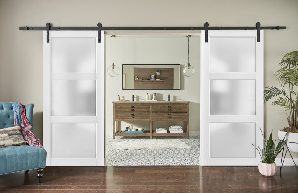 Sturdy Double Barn Door 60x80 Glass Lites | Lucia 2552 Matte White | 13FT Rail
