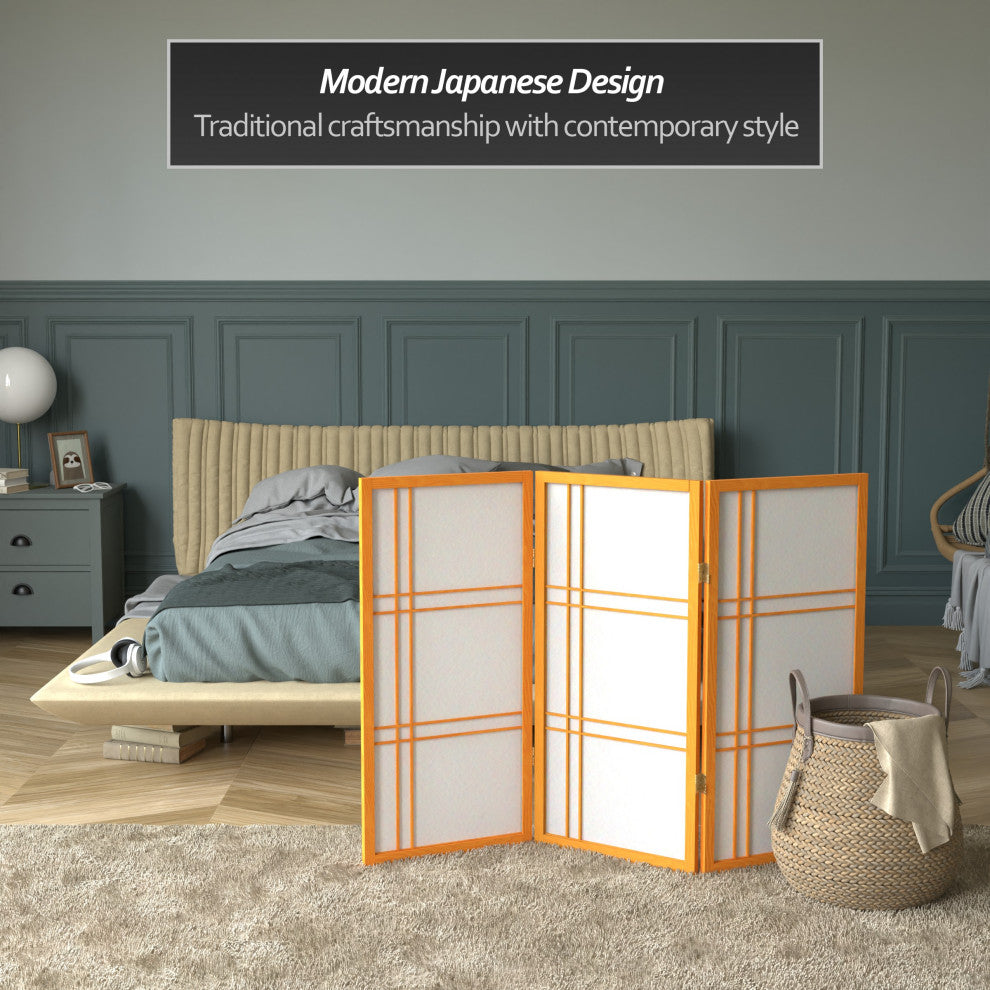 3' Tall Double Cross Shoji Screen, Honey, 3 Panels