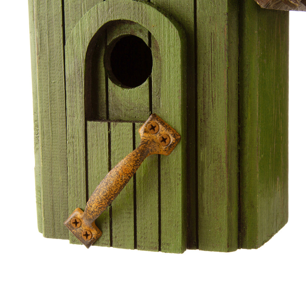 Rustic Garden Distressed Wooden Birdhouse, Metal Door Handle