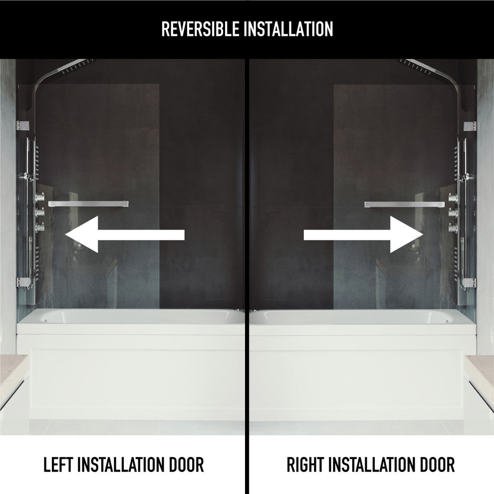 VIGO Rialto 34" W x 58" H Frameless Hinged Tub Door, Chrome, Clear Glass