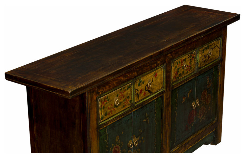 Bird and Flower Motif Elmwood Distressed Altar Style Tibetan Sideboard