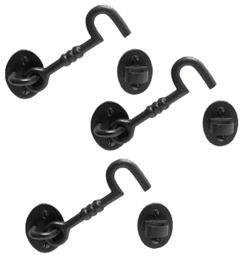 Black Wrought Iron Cabin Hooks, 4in Long, Set of 3
