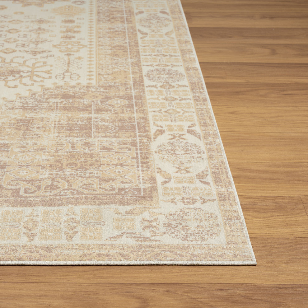 Ayla Beige Traditional Bordered Waterproof Area Rug, 2' X 5'
