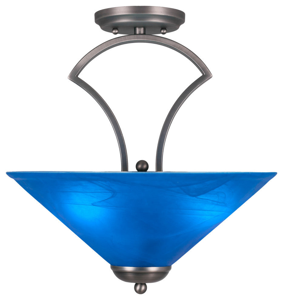 Zilo Semi Flush With 3 Bulbs, Graphite Finish With 16" Blue Italian Glass