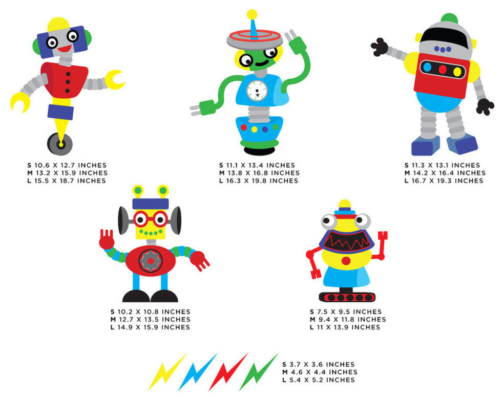 Robot Fabric Wall Decals, Set of 5 Cool Robots, Size Small