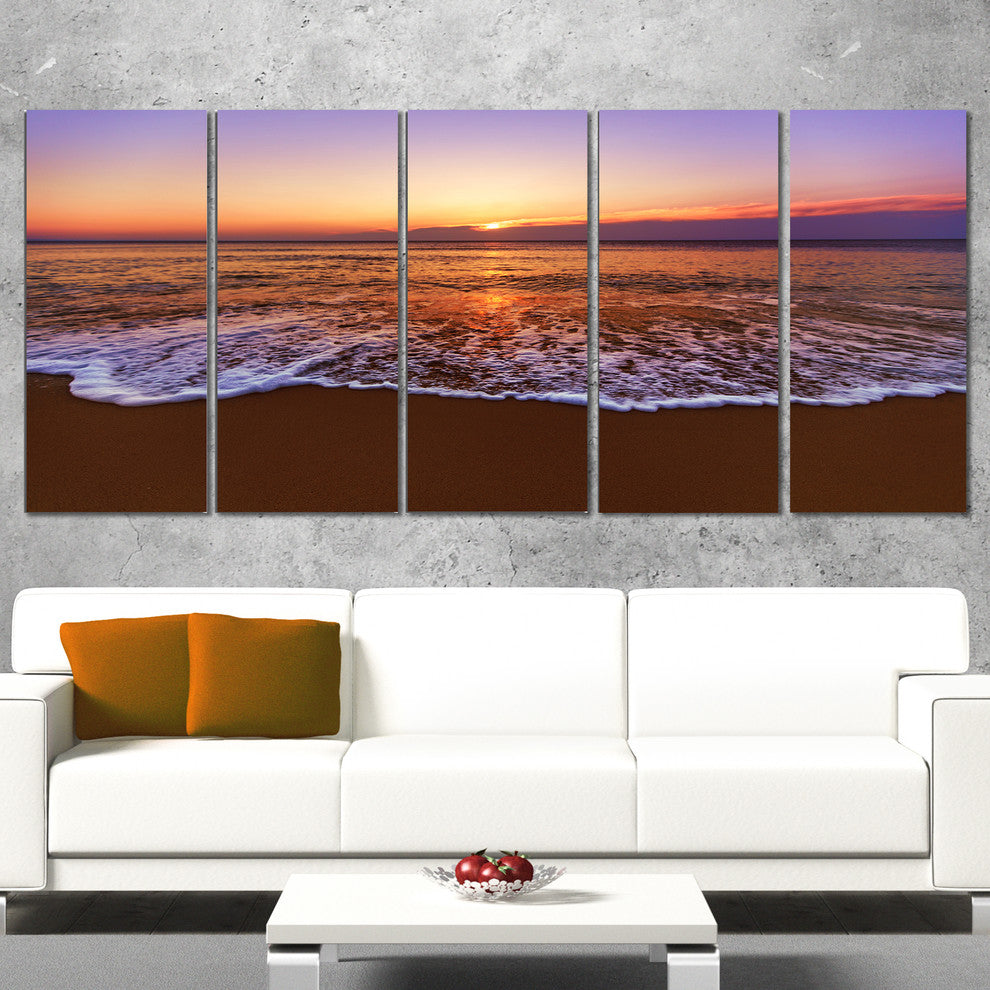 "Orange Tinged Sea Waters At Sunset" Beach Canvas Wall Art, 5 Panels, 60"x28"