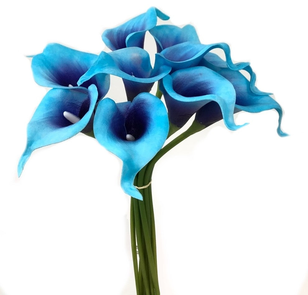Pack of 10 soft touch lifelike artificial Calla lily, Turquoise/Purple