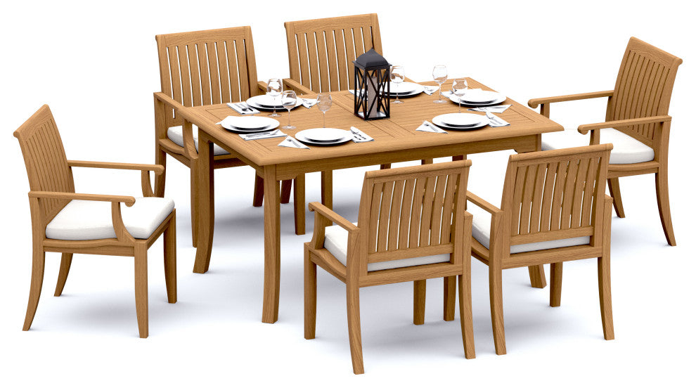 7-Piece Outdoor Teak Dining Set, 60" Rectangle Table, 6 Lagos Arm Chairs