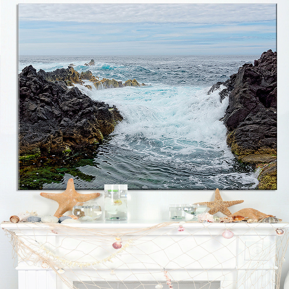 "Splashing Waters To Mossy Rock" Seashore Canvas Art, 40"x20"