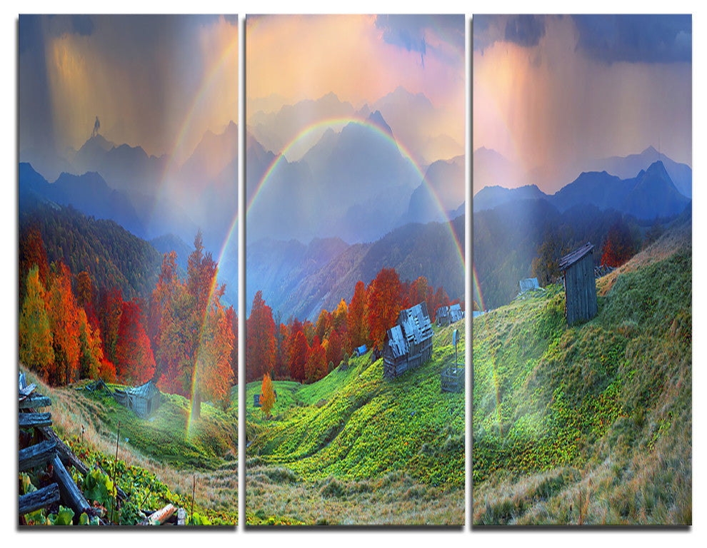 "Huts Over Autumn Mountains" Photo Canvas Art Print, 3 Panels, 36"x28"