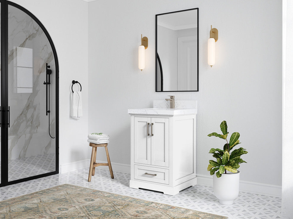 Boston 24 Single Sink Bathroom Vanity, White 2" Calacatta Sienna