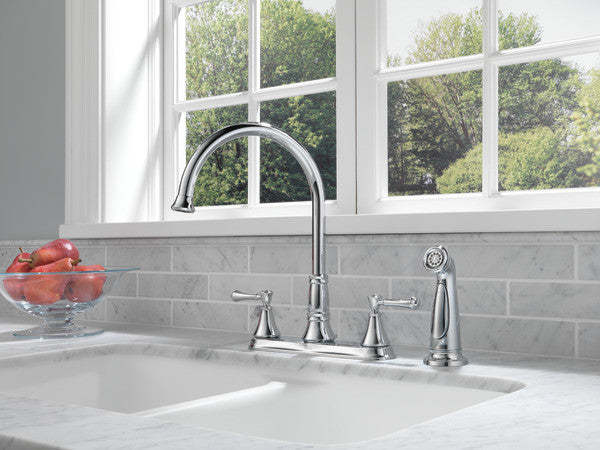 Delta Cassidy Two Handle Kitchen Faucet With Spray, Chrome, 2497LF