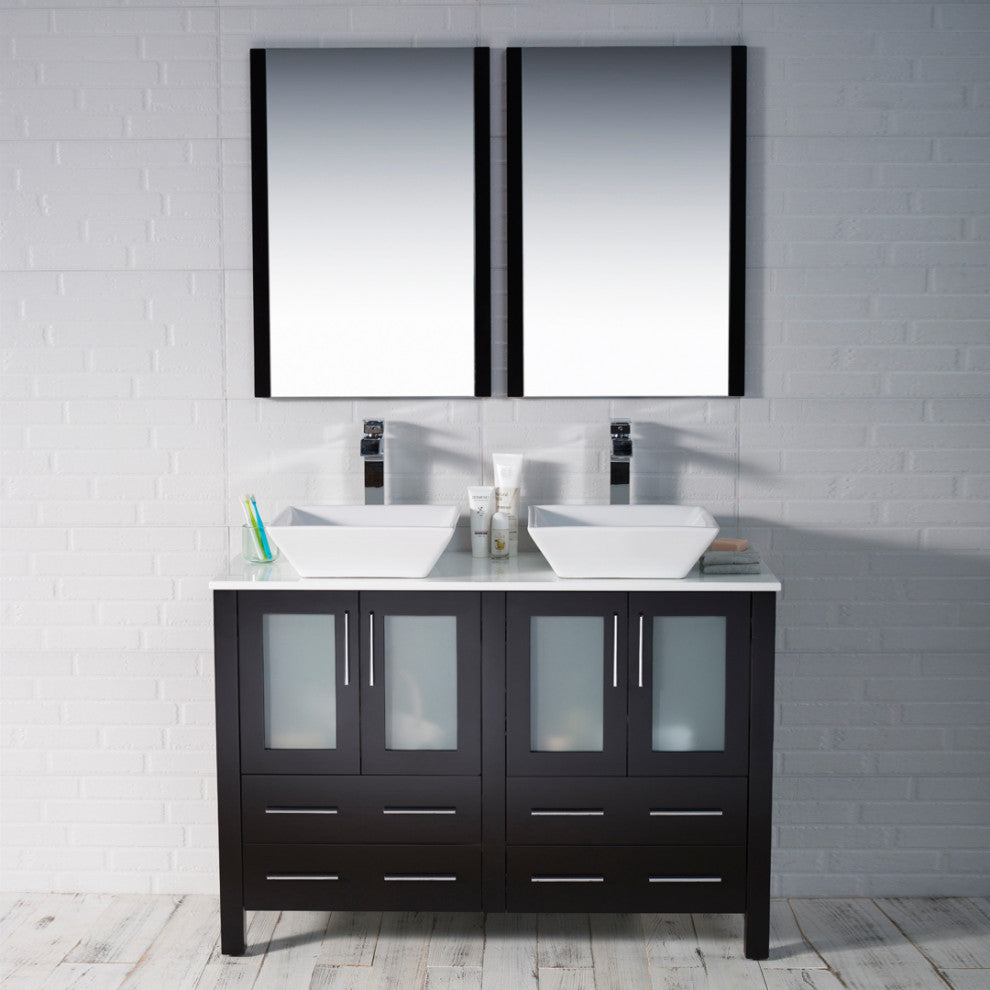 Sydney 48" Double Vanity Set With Vessel Sinks and Mirrors, Espresso