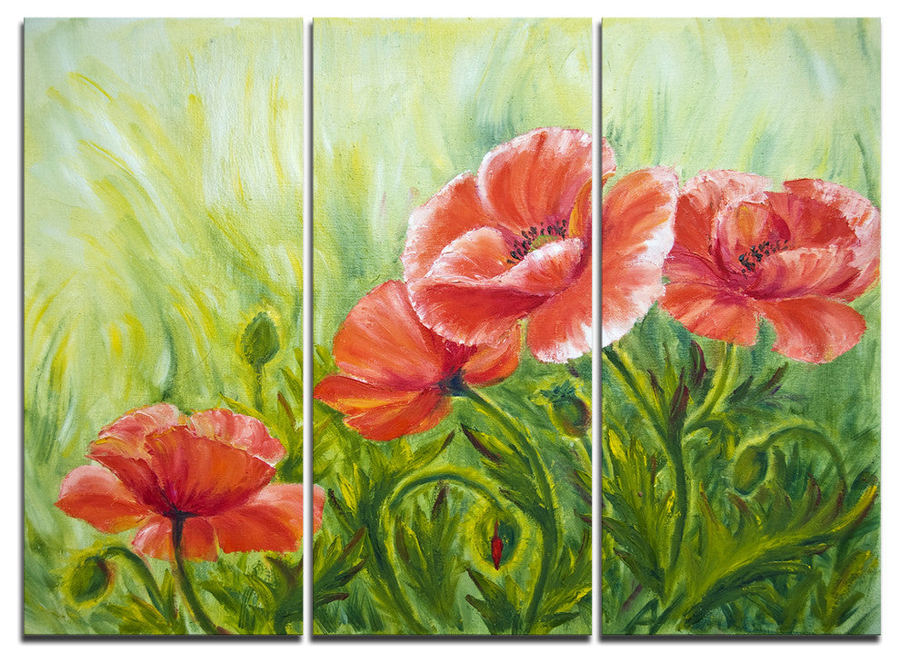 "Blooming Poppies With Green Leaves" Metal Wall Art, 3 Panels, 36"x28"