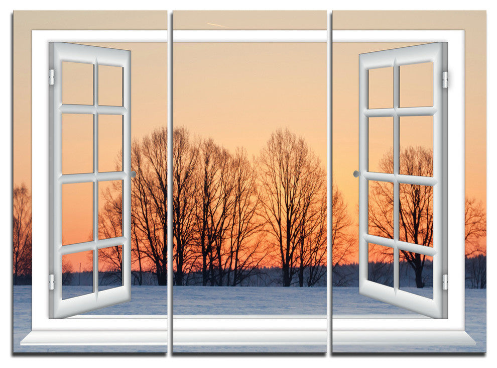 "Open Window to Snowy Sunset" Metal Wall Art, 3 Panels, 36"x28"