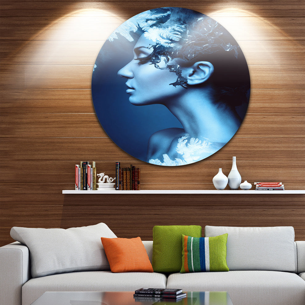 Winter Woman With Splash, Art Portrait Round Metal Wall Art, 11"