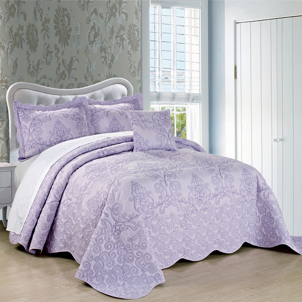 Damask Embroidered Quilted 4 Piece Bed Spread Sets, Lavender, King