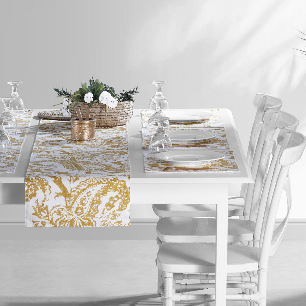 Edina Printed Cotton Table Runner and Placemats, Edina Yellow