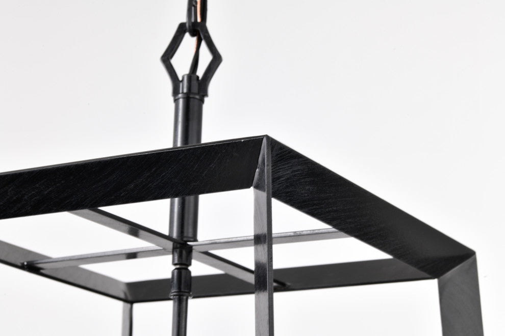 4-Light Antique Black Geometric Cage Lantern Pendant With Clear Glass Shades