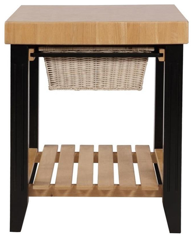 Linon Kolton Butcher Block Kitchen Island 2 Baskets in Black/Natural Wood