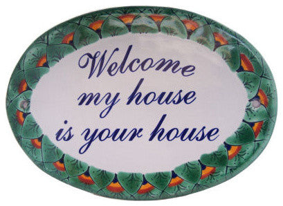 Peacock Talavera Ceramic House Plaque. Welcome my house is your house