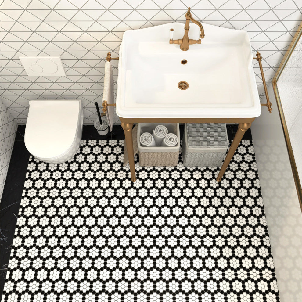 Metro 1" Hex Porcelain Mosaic Floor and Wall Tile, Wht Blk Hncom